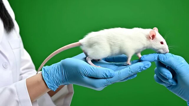 White Laboratory Rat Interacting with Gloved Hands on Vibrant Green Background for Scientific Research and Medical Studies