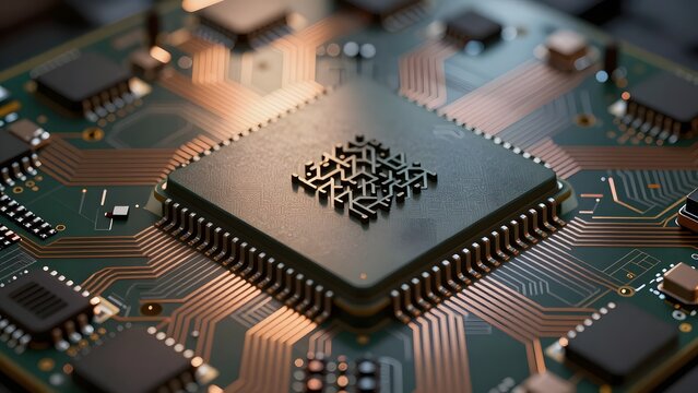 41. A photorealistic extreme macro of an abstract processor chip surface showing intricate microscopic architecture with billions of geometric pattern transistors, dramatic raking side light creating