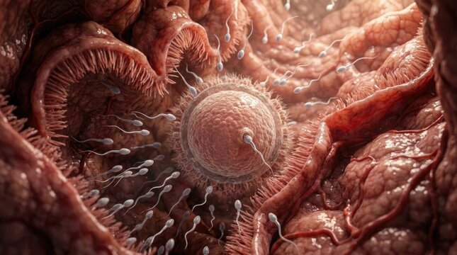 Reproductive biology microscopic: human reproduction, internal view, sperm navigation, female system, fertilization process, early embryo develop, biological journey, cellular union.