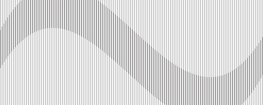 Abstract optical illusion with vertical black lines forming a wave-like shape. Geometric distortion creates a hidden sinusoidal pattern through contrast and spacing. Minimal black and white design.