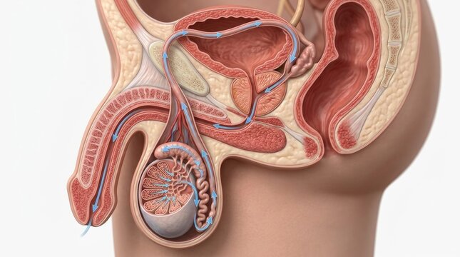 Human generation mechanism: sperm navigate, male anatomy, reproduce journey, internal system, cell transport, process illustrate, biological function, genital organ.