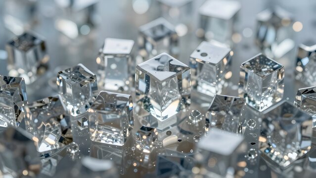 60. A photorealistic close-up of crystalline structures growing in supersaturated solution, individual perfect cubic crystals of various sizes crowding together, transparent glass-like faces creating