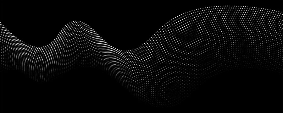 Wave dots abstract pattern. Flow of white curved dotted lines vector illustration isolated on black background. Dynamic shiny swirl backdrop. Digital, technology, ia, music, modern design element.