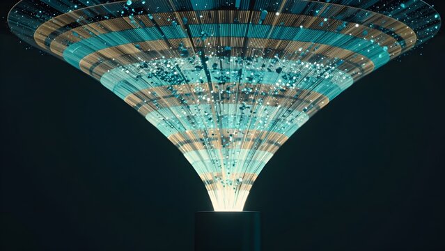 98. A streamlined funnel hero showing massive abstract data particles being filtered through intelligent layers, funnel visualization with wide input narrowing to focused output, glowing filter layers