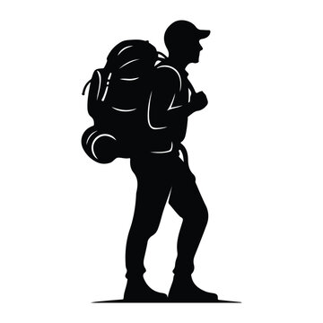 Silhouette of a hiker with backpack and sleeping bag, side profile