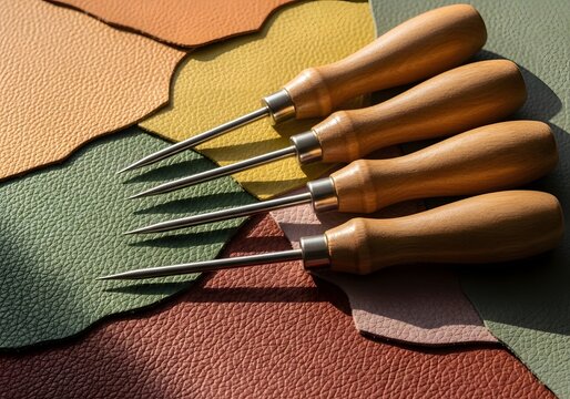 Four awls crafted with smooth wooden handles rest upon an array of richly textured leather swatches in various earthy tones, creating a visually appealing composition for crafting