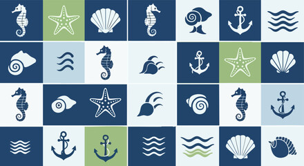 Nautical Icons Seamless Pattern. Marine Elements Background. Sea Life Symbols. Vector Illustration. © khafid