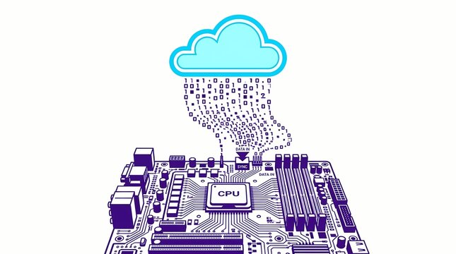 Technology Concept Illustration Showcasing Cloud Data Transfer to a Central Processing Unit on a Circuit Board Background