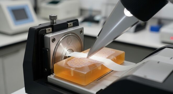 Microtome slicing thin tissue sections in laboratory