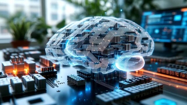 Tracking shot of holographic brain visualization shifting colors over electronic circuit board and microchip on laboratory workspace desk