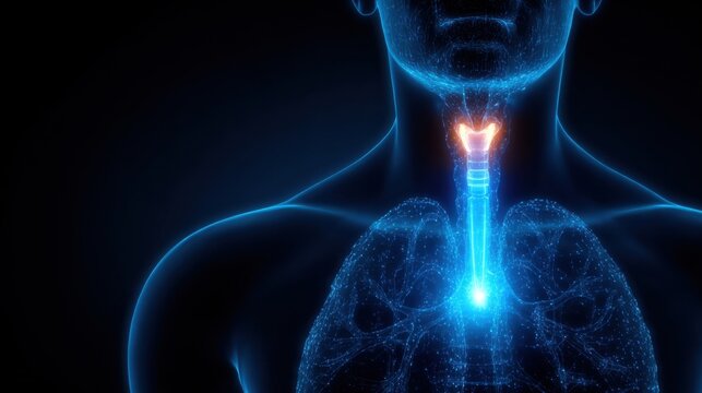 Human anatomy display shows glowing throat and lungs in dark background