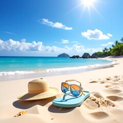 Obraz premium A serene beach scene featuring a straw hat, flip-flops, and sunglasses on the sand with a clear blue sky and ocean in the background
