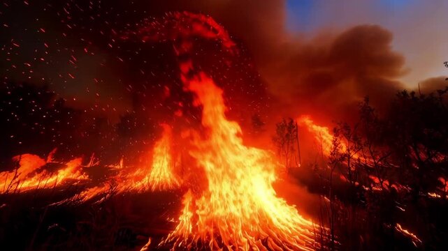 Tracking shot of wildfire flames advancing across dry shrubland and trees with heavy smoke and embers at dusk in rugged landscape