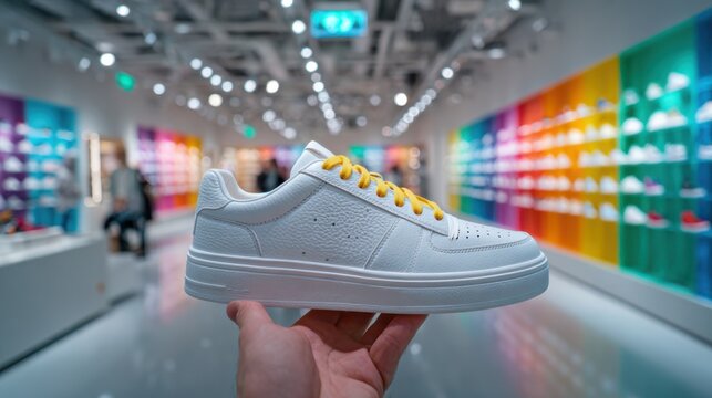 Hand holding a white sneaker with yellow laces in a colorful shoe store display featuring various styles and colors