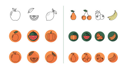 Fototapeta premium Colorful grid of various fruit icons like apples, cherries, and bananas in different design styles from simple outlines to flat circles.