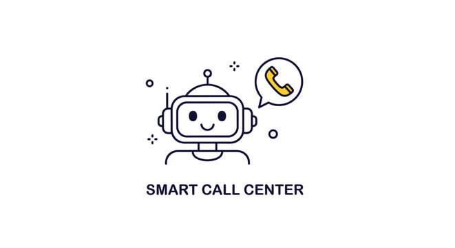 Smart call center concept featuring a friendly robot character with a telephone icon in a speech bubble for customer support.