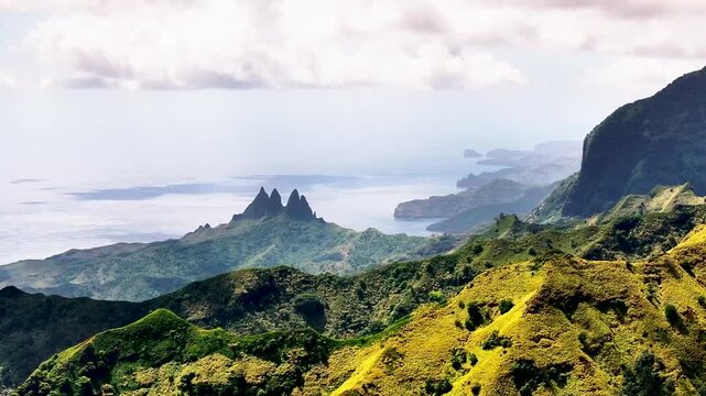 Vid&eacute;o a&eacute;rienne de la c&ocirc;te nord de l'ile de NUKU HIVA avec en arri&egrave;re plan les pitons rocheux de la vall&eacute;e de AAKAPA dans l'archipel des marquises en polyn&eacute;sie fran&ccedil;aise