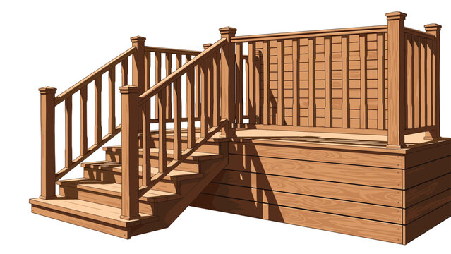 New wooden deck with railings and a short staircase is shown against a white background for architectural design use.