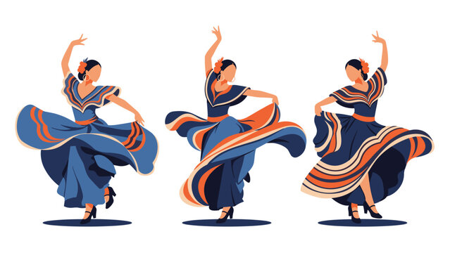 Three elegant female dancers perform a synchronized dance while wearing vibrant blue and orange traditional folk dresses.