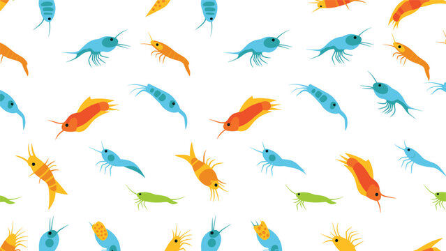 Vibrant seamless pattern features various types of colorful microscopic plankton and sea creatures on a clean white background.