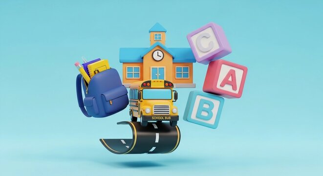 Miniature yellow school bus driving on a floating road with a backpack school building and colorful alphabet blocks in a soft blue 3d render style