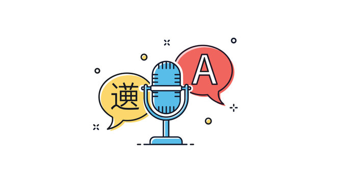 Language translation and interpretation service icon featuring a microphone with multi-language speech bubbles for global communication.