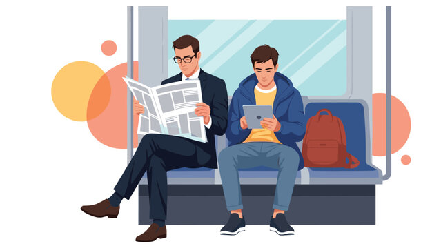 Businessman reads a newspaper while a young man uses a tablet during their daily commute on a modern train or subway.
