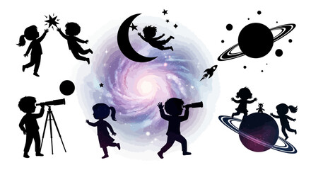 Children Silhouettes Exploring Outer Space, Galaxy, Planets, Stars, and Moon © pleh