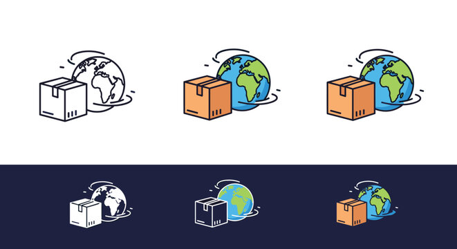Global shipping and logistics icon set featuring cardboard boxes moving around a world globe in different styles and colors.