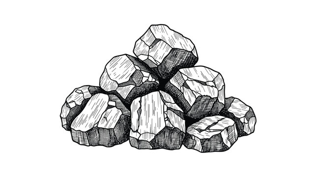Small pile of rough hand-drawn coal or charcoal pieces is shown in a detailed black and white sketching style.
