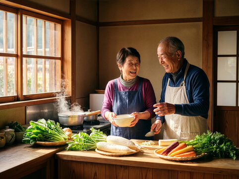 Healthcare ヘルスケア 136 Happy Senior Japanese Couple Cooking Together with Fresh Daikon Radish and Root Vegetables（新鮮な大根や根菜を使って一緒に料理をする幸せなシニアの日本人夫婦）