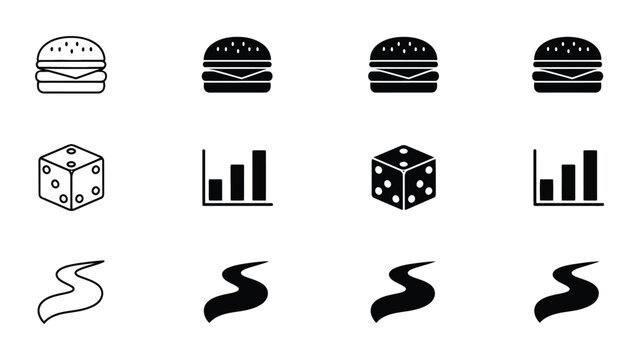 Visual comparison of burger logos, dice, bar charts, and wave icons in different styles