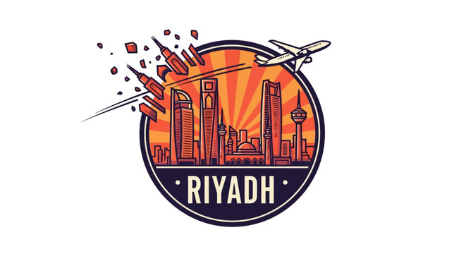Riyadh City Skyline with Airplane and Sunset Illustration Design.