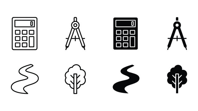 Contrast of graphic styles between basic and bold icons of calculators, compasses, rivers, and trees