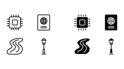 Contrasting icons of technology, travel, and urban elements in light and dark themes © Freefire