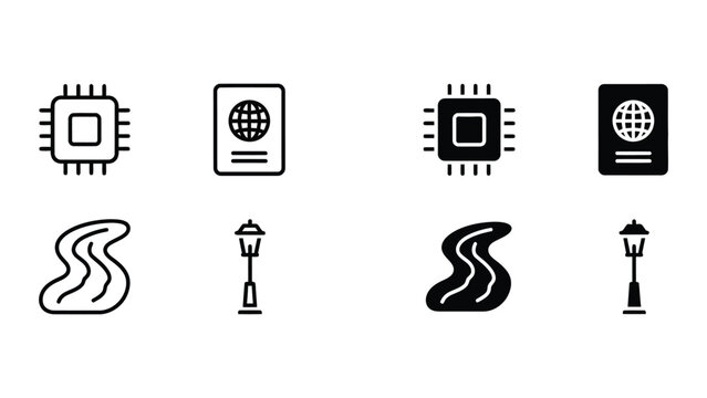 Contrasting icons of technology, travel, and urban elements in light and dark themes