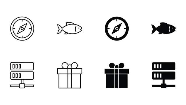 Contrasting icons of navigation, fishing, servers, and gift boxes in black and white