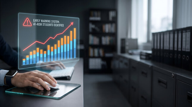 School administrator using early warning system hologram to identify at-risk students,
EdTech concept with academic analytics dashboard and student retention data in office.