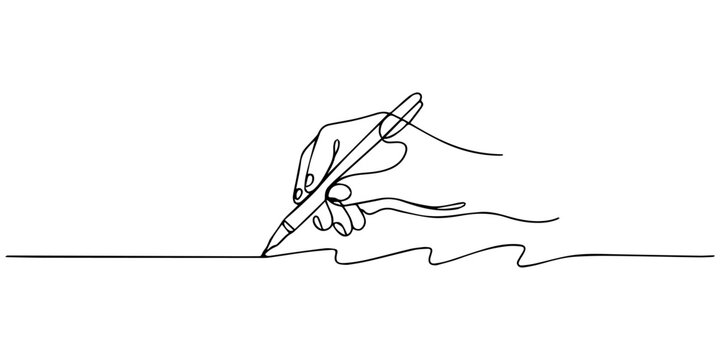A single line continuous drawing of a hand holding a pen creating a curvy line, Hand writing signature in continuous one line drawing style, a Hand writing with a Fountain Pen. Concept of creativity, 