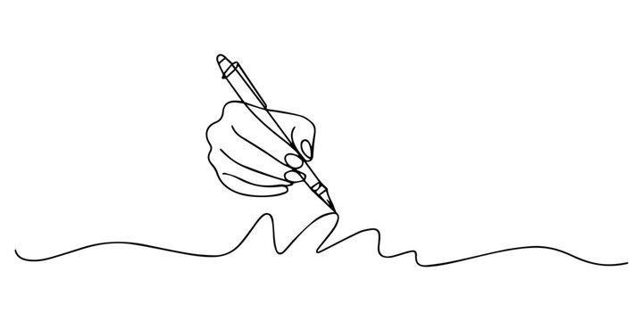 A single line continuous drawing of a hand holding a pen creating a curvy line, Hand writing signature in continuous one line drawing style, a Hand writing with a Fountain Pen. Concept of creativity, 