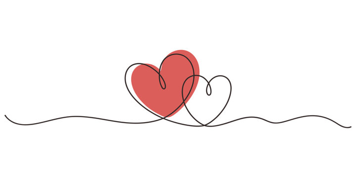 Two Hearts Continuous One Line Drawing. Valentines day concept. Hearts Couple Trendy Minimalist Illustration, One continuous drawing of heart and color shape love sign. Thin contour and romantic symbo
