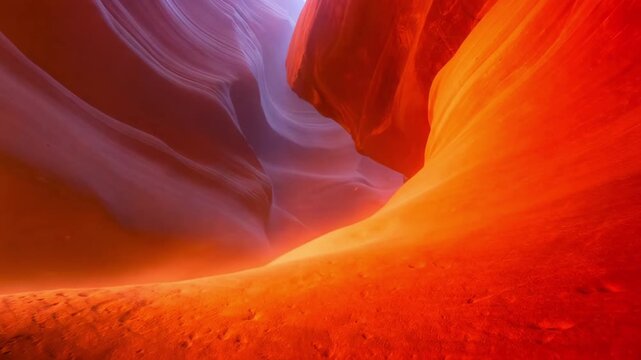 Slow pan and dolly tracking of sandstone slot canyon walls revealing glowing blue and orange light reflections in narrow desert interior