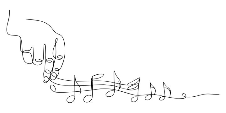 Hand holds musical notes and treble clef. One continuous line drawing of musical notes with hand. Horizontal web banner and minimalist logo of sound and music school in simple linear style. Minimalist