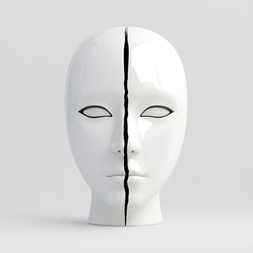 White mannequin head split down the middle with black facial markings hat stand wig stand alter ego mannequin identity sculpture abstract symbolic isolated decoration display head