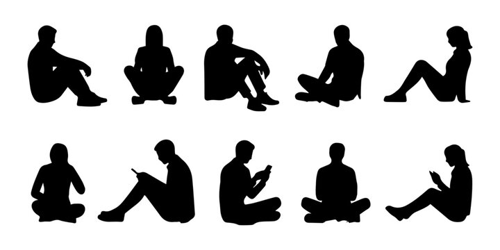 Vector set of detailed people sitting side view silhouettes isolated on white background. Vector illustration, collection of stick figure silhouettes featuring various sitting, lying down, and relaxed