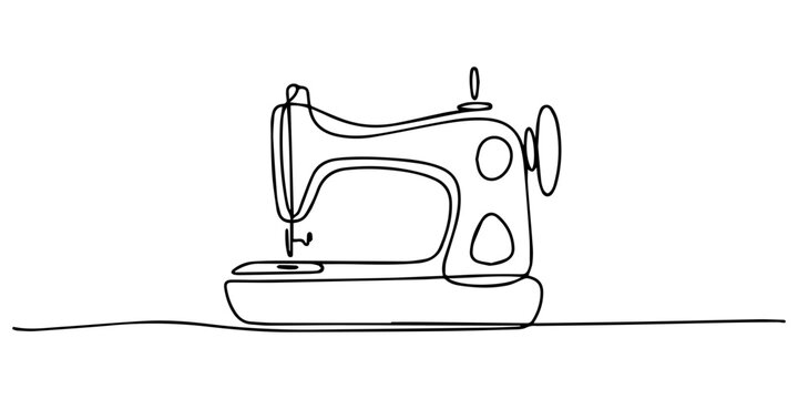 vintage sewing machine continuous line vector illustration, "Sewing Machine with Thread". Minimalistic one-line drawing sewing machine with spool of thread on top and atelier or tailor sign design. 