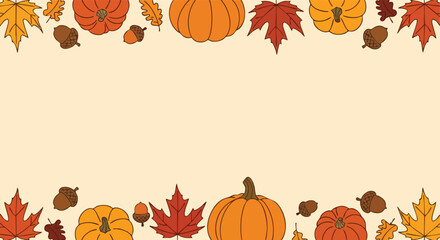 Autumn Harvest Border. Thanksgiving Pumpkin Pattern. Hand Drawn Fall Leaves. Seasonal Background. © khafid