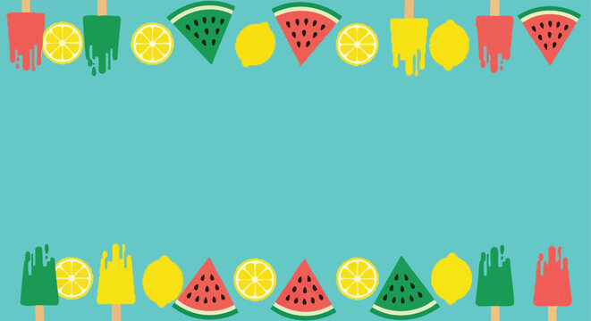Summer Fruit Popsicle Border. Food Pattern Background. Flat Vector Illustration. Minimalist Design.