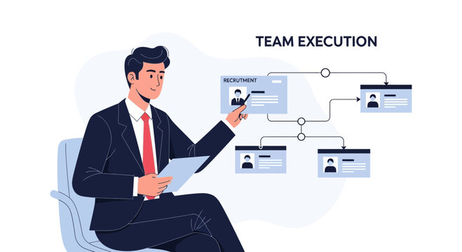 Man in Suit Explains Team Execution Flowchart with Recruitment Cards