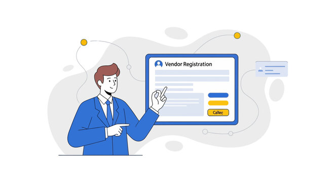 Man points to vendor registration form on screen, business concept